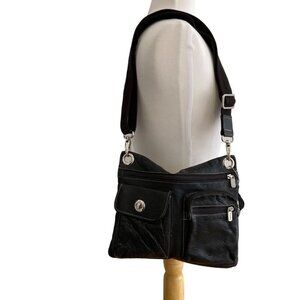 Roots 73 Black Pebble Leather Crossbody Bag Adjustable Strap & Multiple Pockets